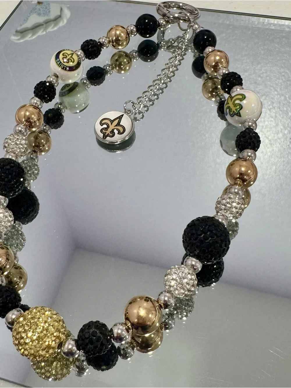 New Orleans Fleur-de-Lis Beaded Phone Charm - Black & Gold